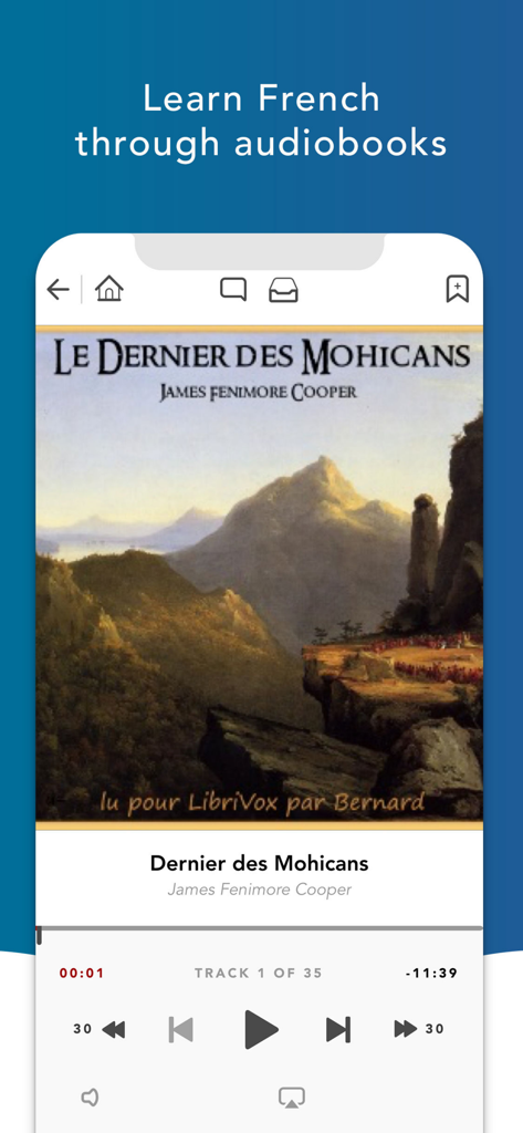Livres Audio HQ - Livres Audio HQ app interface playing the French audiobook Le Dernier des Mohicans