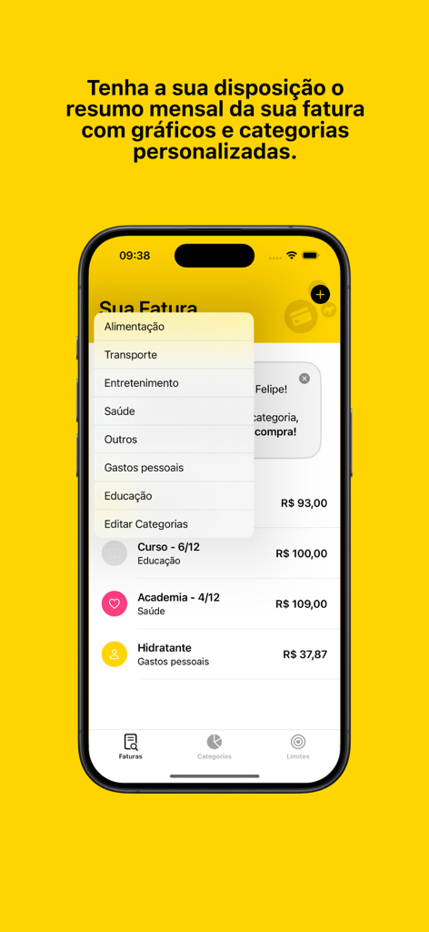 Mil - Oberfläche der Mil App, die ein Menü mit Kategorien zur Verwaltung und Organisation persönlicher Ausgaben zeigt.