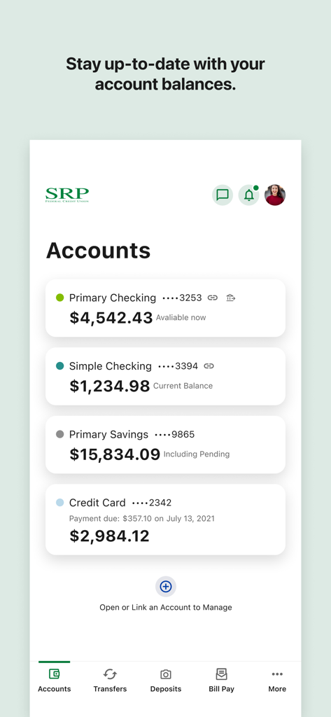 SRP FCU Mobile app dashboard displaying checking and savings account balances