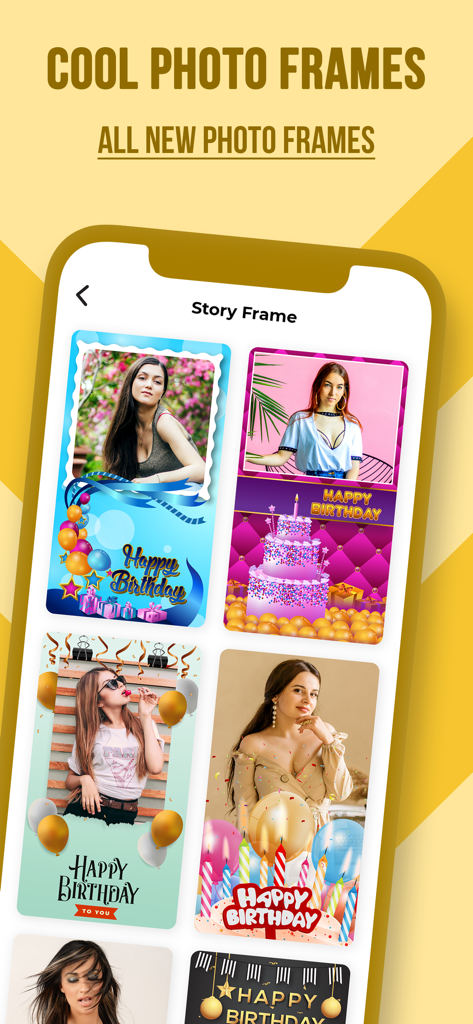 Bday Video Maker, Wishes, Card - Mobile app interface displaying various colorful birthday story frame templates featuring photos, balloons, and cakes