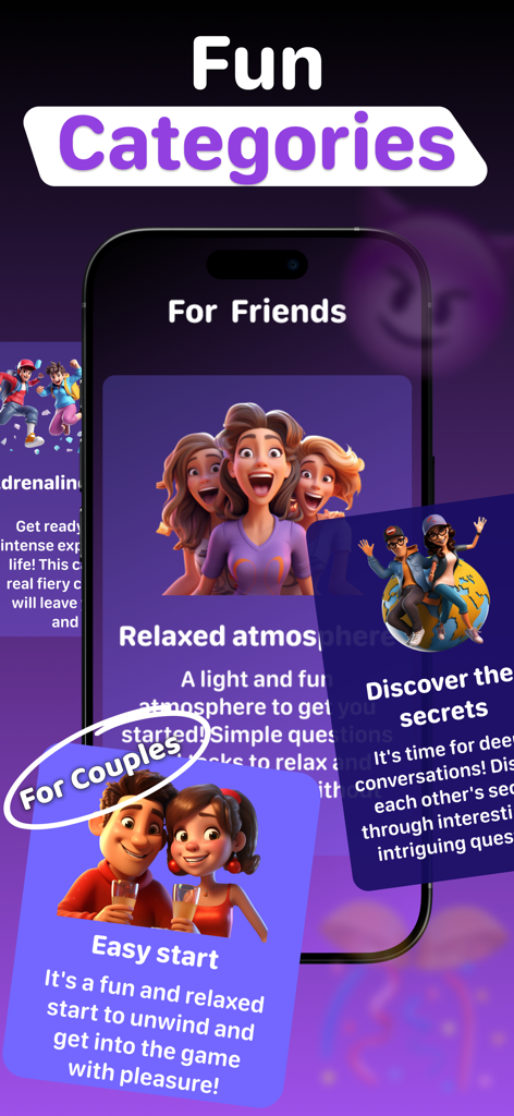 Mobile app screen showing various fun categories for friends and couples including relaxed atmosphere and easy start