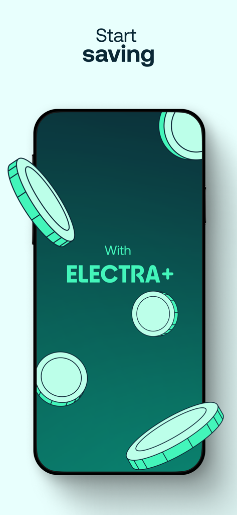 Electra - Fast Charging Hubs - Pantalla de promoción para la suscripción Electra Plus que muestra el texto "empieza a ahorrar" con monedas animadas