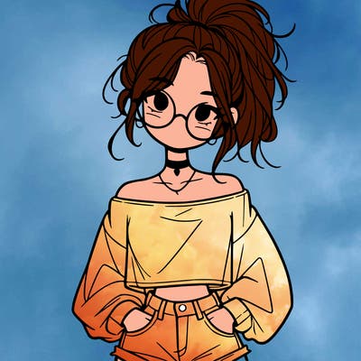 girl with a messy ponytail glasses a baggy crop top and jean shorts