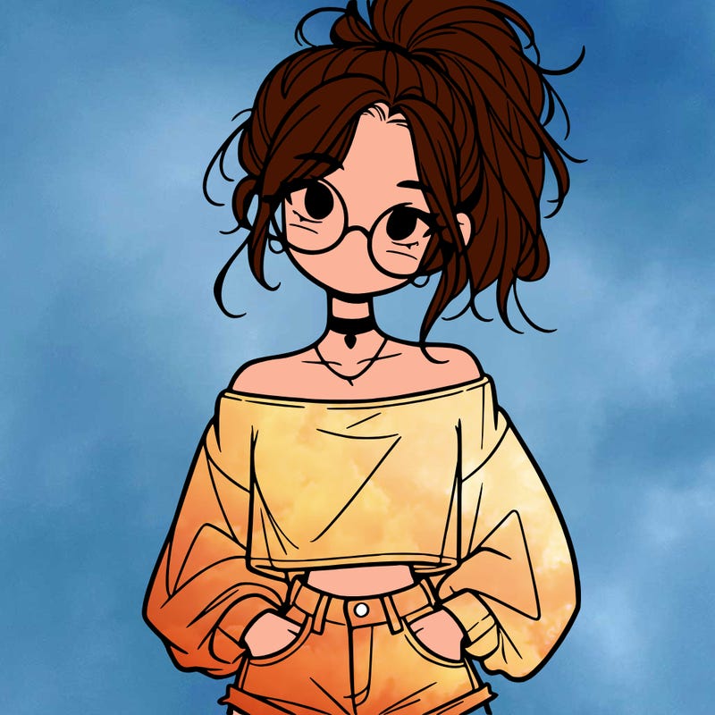 girl with a messy ponytail glasses a baggy crop top and jean shorts