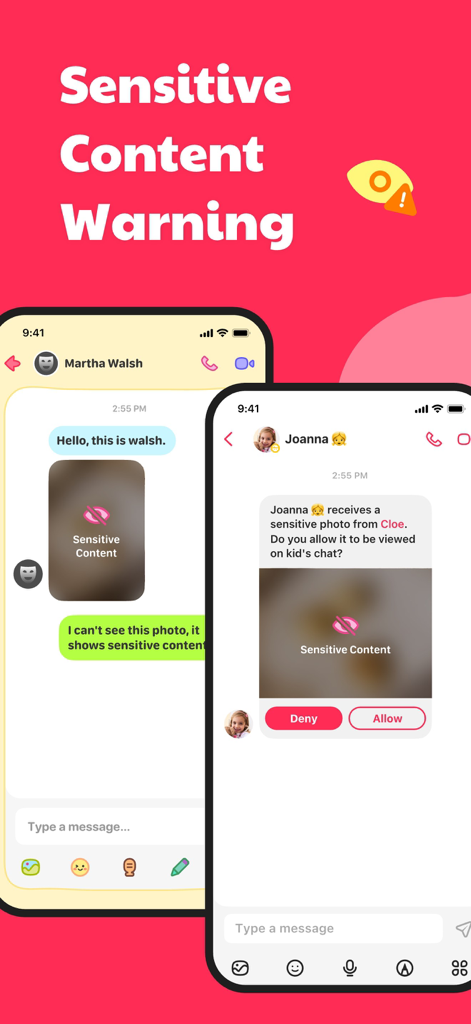 JusTalk Kids mobile interface showing sensitive content warning and parental control approval screen