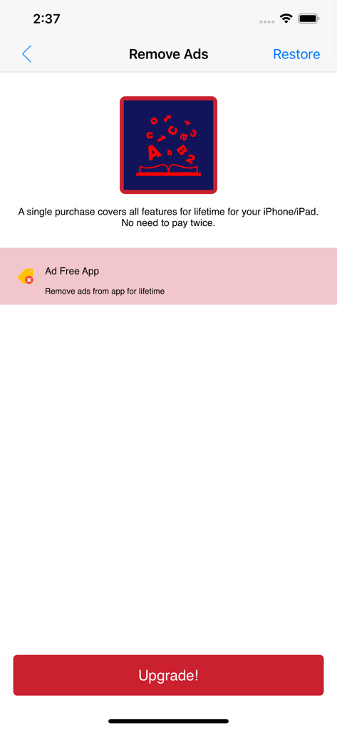 English Dictionary + Speaking - The remove ads and upgrade screen for the English Dictionary and Speaking mobile app.
