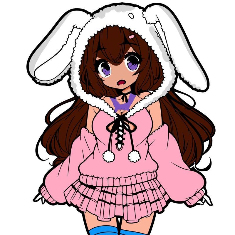 pretty anime girl wearing a fluffy hoodie with bunny ears on the hood and a skirt