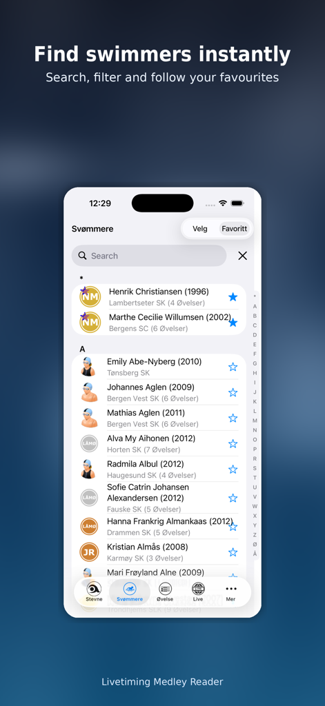 Livetiming Medley Reader app swimmer search screen displaying a list of athletes and clubs with favorite stars