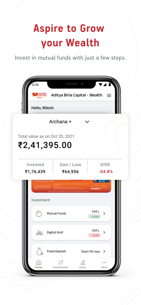Aditya Birla Capital - Wealth - Mobile app dashboard for Aditya Birla Capital Wealth showing an investment portfolio summary with total value and fund categories.