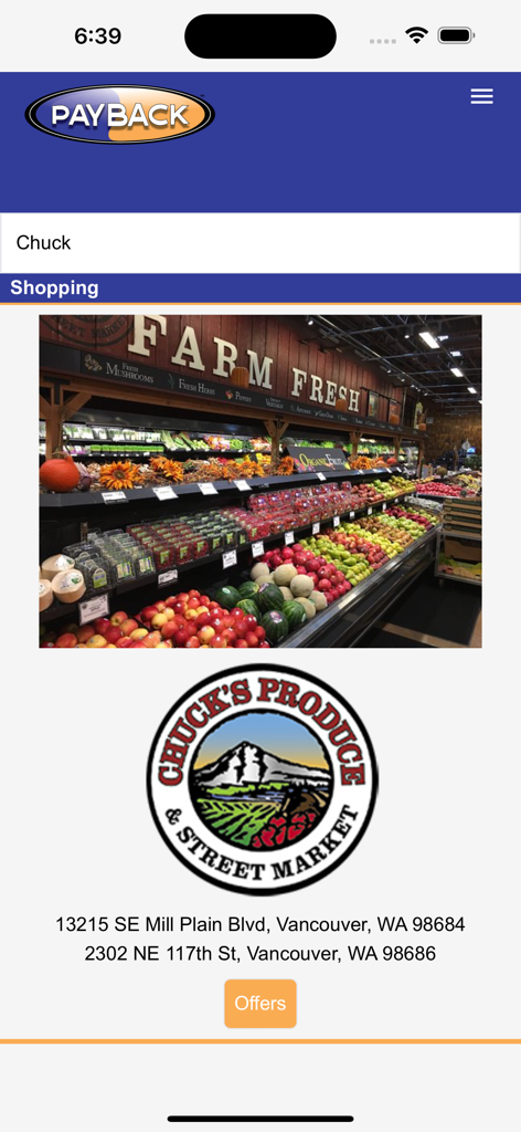Payback - Mobile - Payback Mobile app screen displaying a local shopping offer for Chucks Produce and Street Market in Vancouver Washington