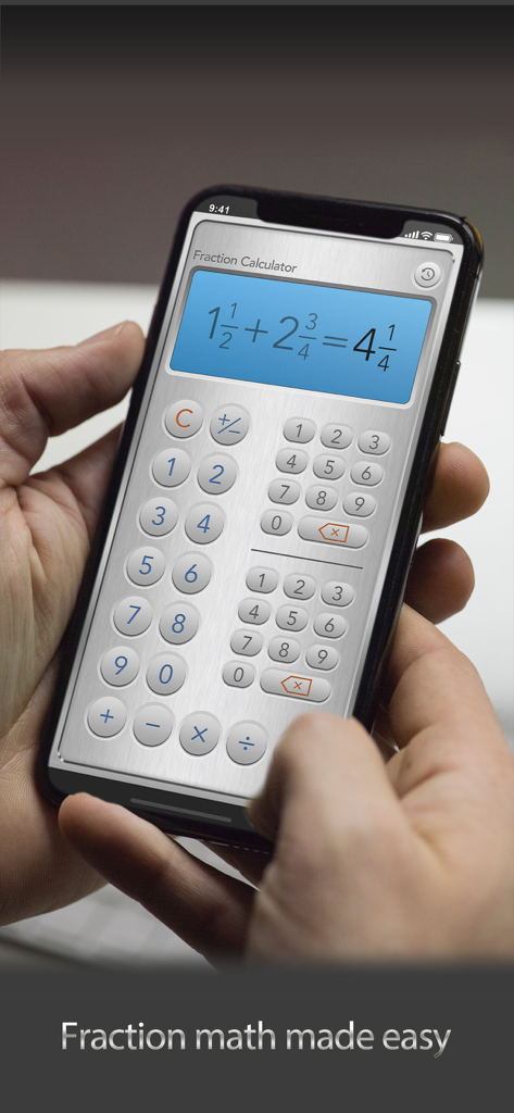 Hand holding a smartphone using Fraction Calculator Plus to add mixed fractions