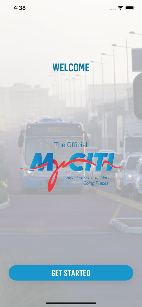 Welcome screen of the MyCiTi transit app with a bus background and a get started button