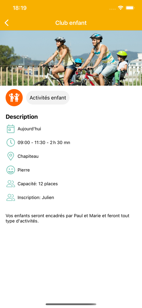 Cool'n Camp - The Cool n Camp app interface displaying kids club activity schedules and family vacation information.