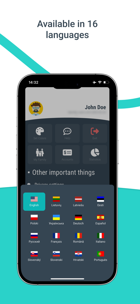 Un écran d'application mobile myTU montrant un menu de sélection de langue avec seize options de langue différentes et leurs drapeaux correspondants.