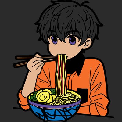 anime boy eating ramen with chop sticks