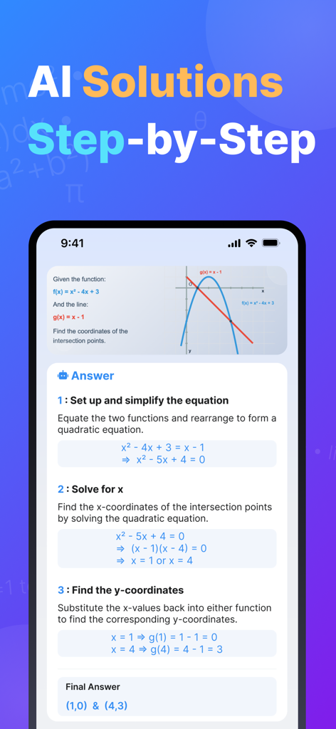 Solvify: AI Homework Helper - Solvify app interface displaying a detailed step by step AI solution for a math problem involving functions and graphs