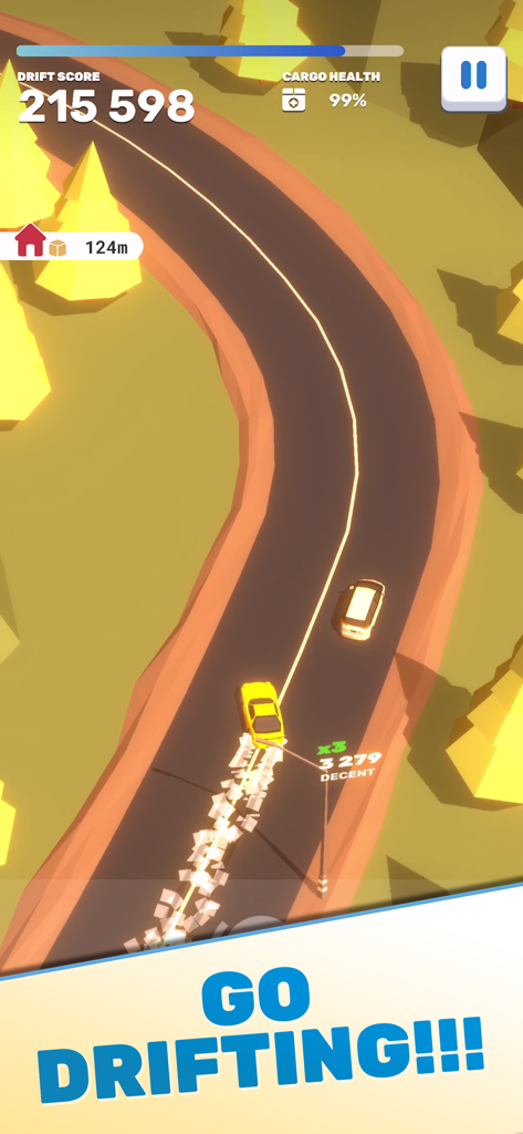 Tofu Drifter - モバイルゲーム豆腐ドリフターで、曲がりくねった山道でドリフトを実行する黄色い車