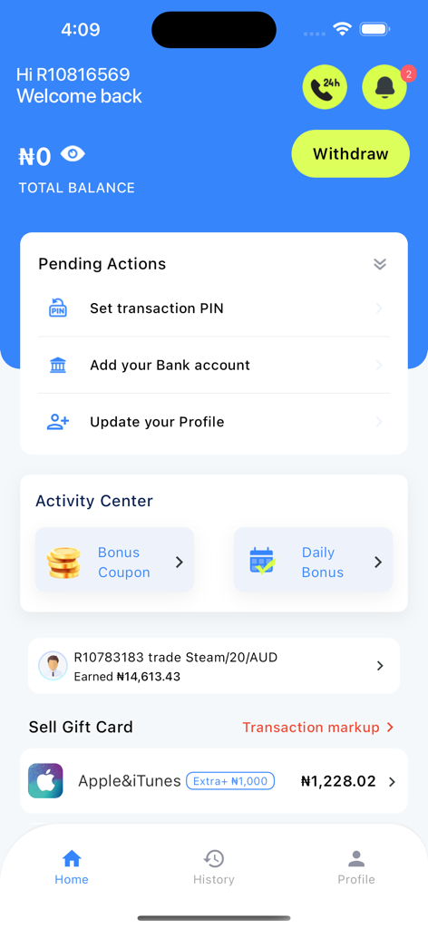 TradeCard - TradeCard mobile app dashboard displaying user balance, pending actions like setting a PIN or adding a bank account, and the sell gift card feature.