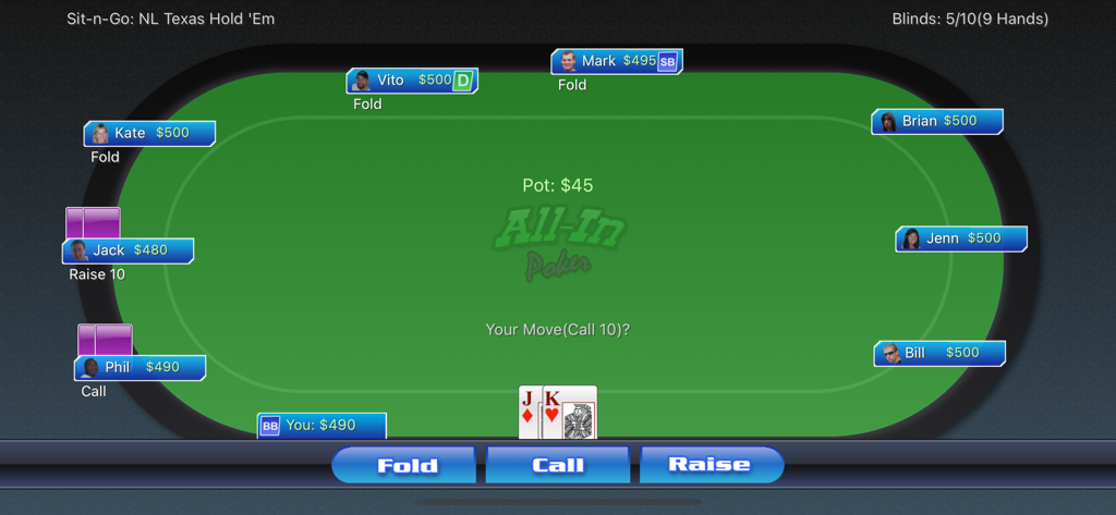 All-In Poker - Uma captura de tela do aplicativo All-In Poker mostrando uma mesa de Texas Hold Em com botões de ação e avatares de jogadores