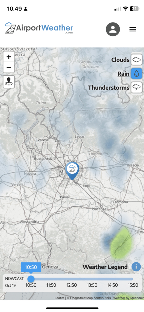 AirportWeather.com - Mappa meteorologica aeronautica che mostra sovrapposizioni di pioggia e nuvole in tempo reale per la pianificazione del volo.