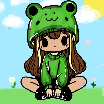 a girl wearing a frog hat and some frog socks
