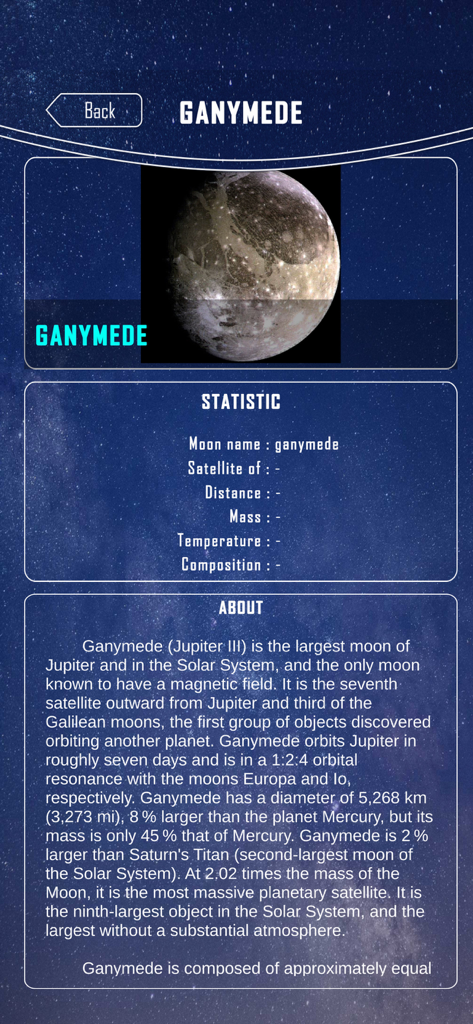 The Constellation Star Finder - Educational screen showing statistics and background information about Jupiter's moon Ganymede in The Constellation Star Finder app