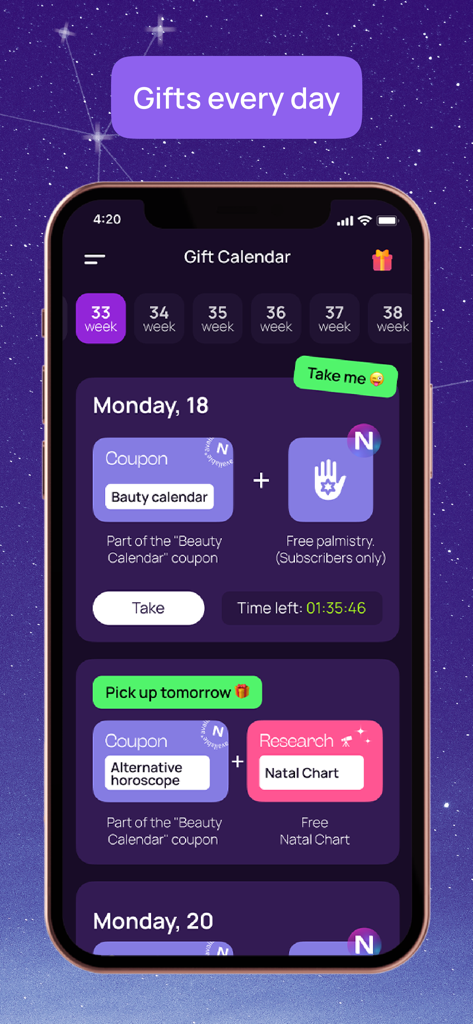 Numia: Astrology and Horoscope - A mobile app screenshot of the Numia gift calendar showing daily spiritual rewards and coupons for horoscopes and palmistry.
