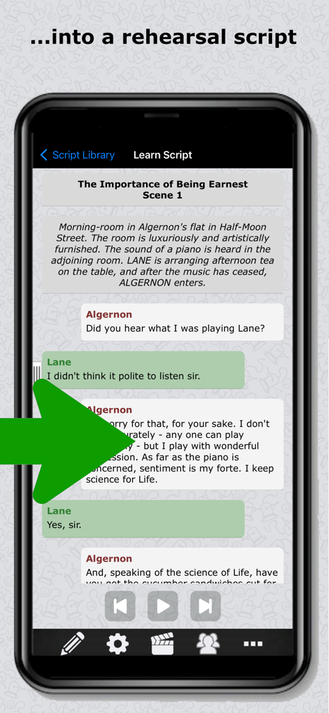 Interface of the Script Rehearser app showing a script with character dialogue and playback controls