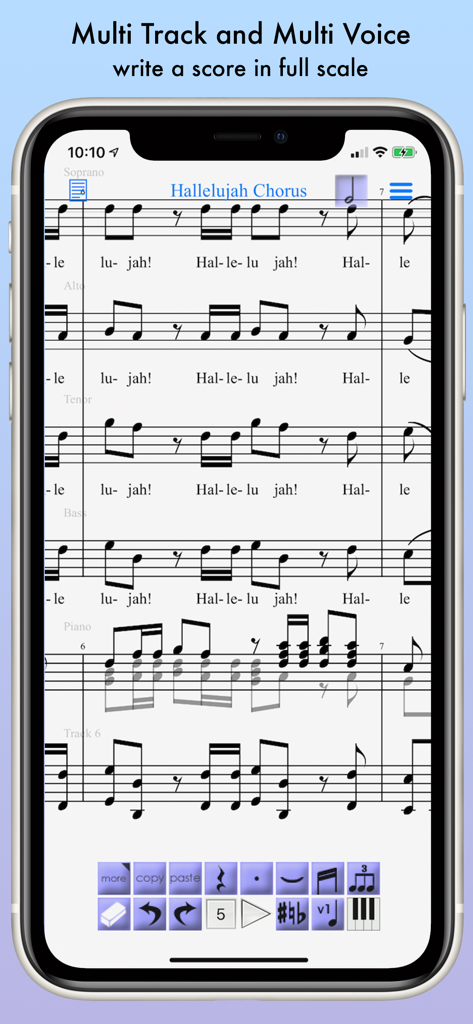 iWriteMusic app showing a multi track sheet music score of the Hallelujah Chorus