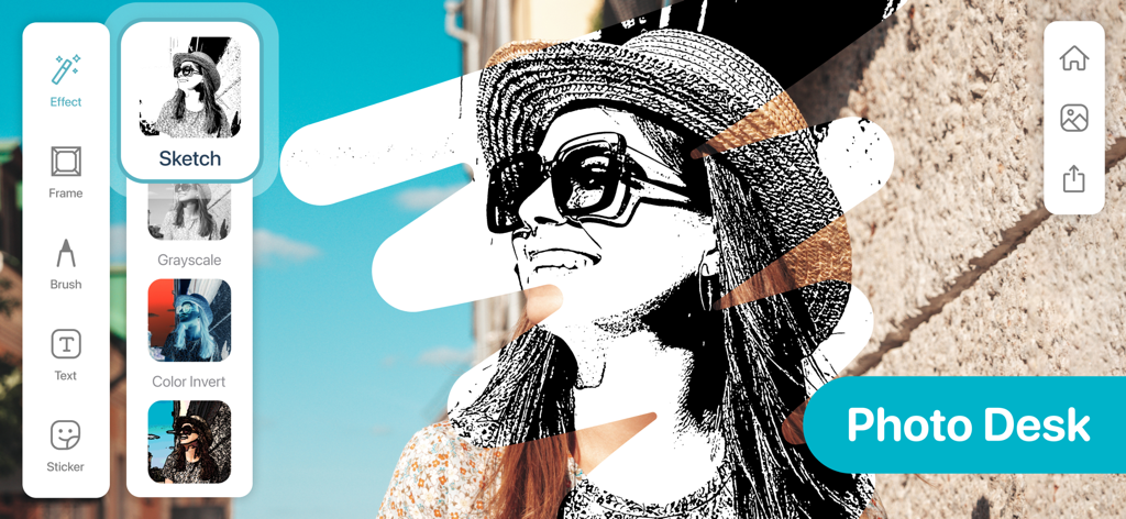 Drawing Apps - 描画アプリのモバイルアプリケーションでポートレート写真に使用されているスケッチ効果ツールのインターフェース