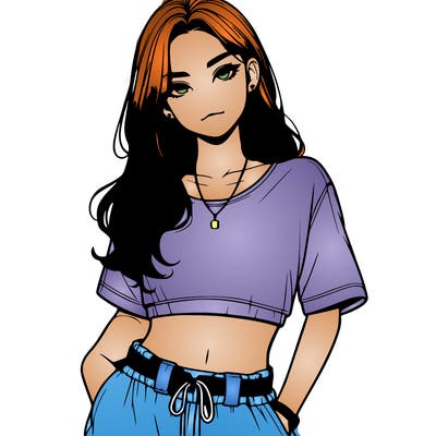 realistic girl witha crop top and baggy pants