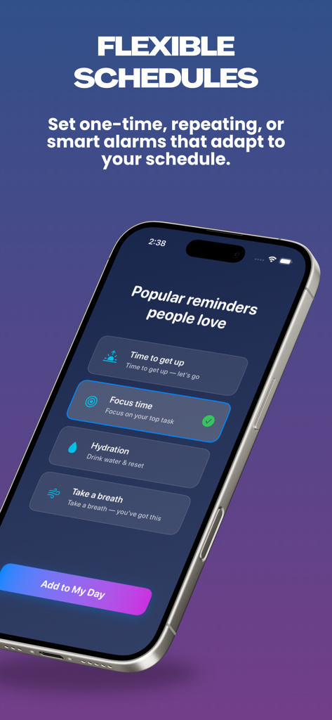 Smartphone screen displaying the Wakely alarm clock app with flexible schedule and reminder options