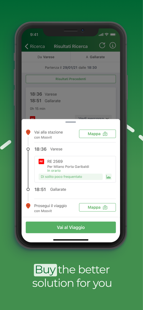 Smartphone screen showing Trenord app journey details from Varese to Gallarate with train status and map links