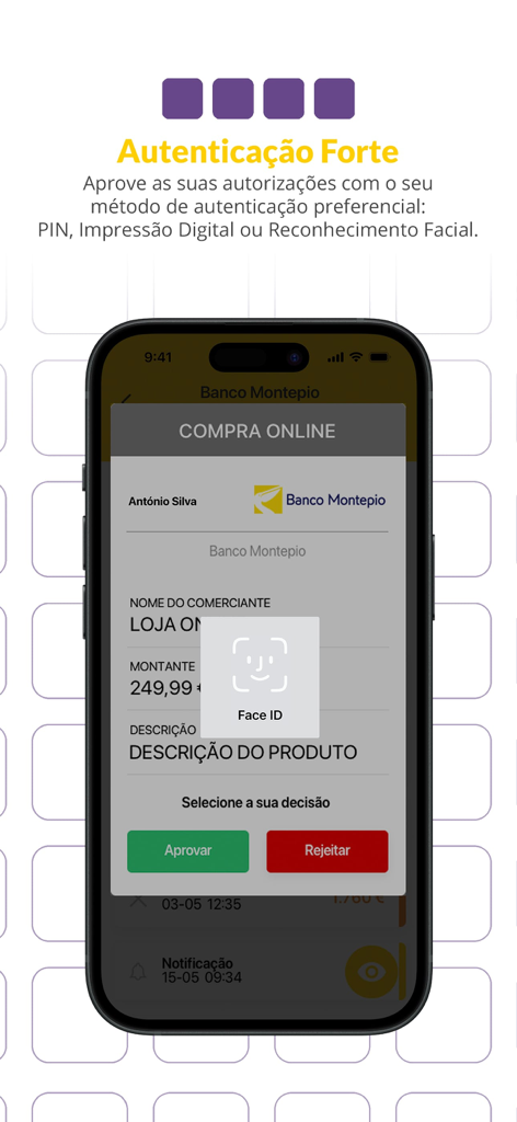 APProva | Banco Montepio - Online purchase authorization screen in APProva app featuring Face ID biometric security