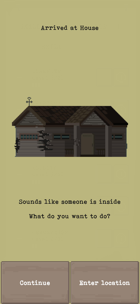 The Wanderer: Post-Nuclear RPG - Pixel art house interface in The Wanderer game showing exploration choices
