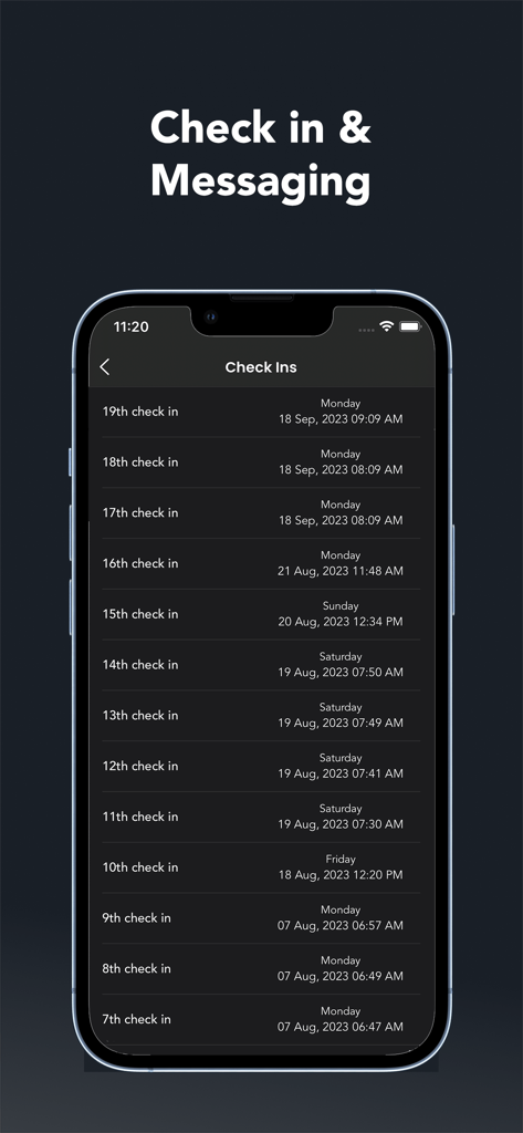 J3U Coaching - List of previous check-in entries with dates and times in the J3U Coaching mobile app.