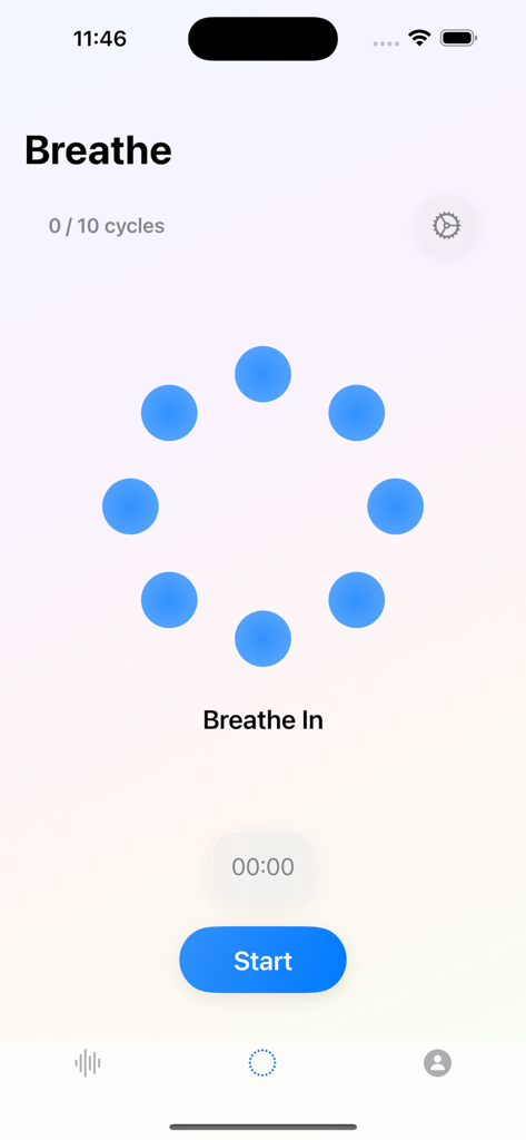 Drop: Focus & Calm - Guided breathing exercise interface in the Drop app with a circular visual guide and a blue start button