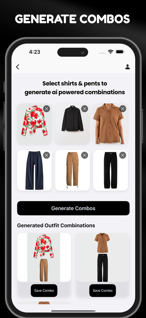 Interfaz de la aplicación Smart Closet que muestra combinaciones de atuendos generadas por IA desde un armario digital