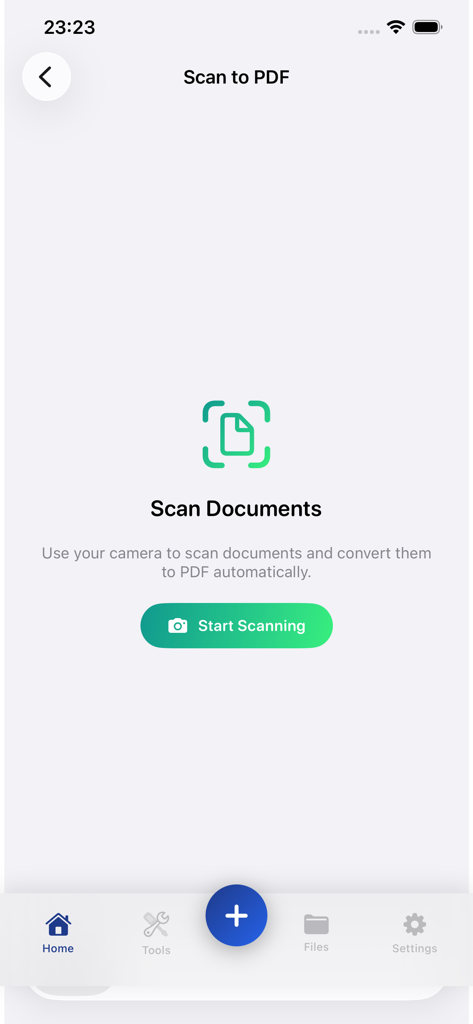 PDF: Converter - Interface of the PDF Converter app showing the Scan to PDF feature with a start scanning button
