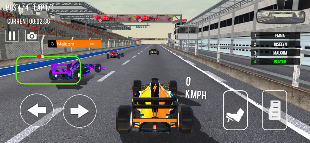 A formula racing car on a professional track during a competition with leaderboard and steering controls displayed.