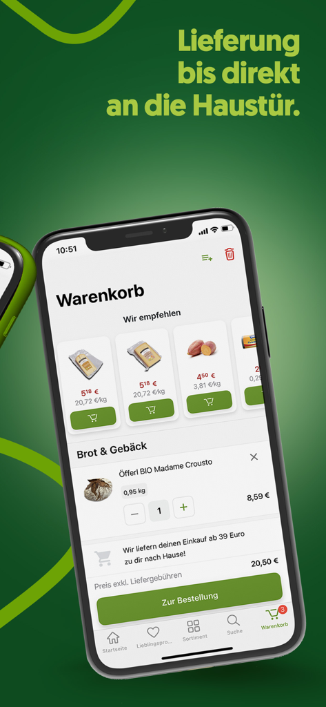Gurkerl.at - The shopping cart interface of the Gurkerl app displaying fresh groceries and delivery information.