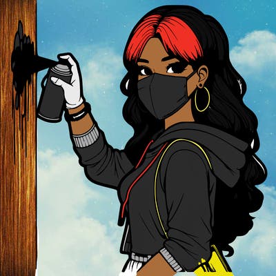 realistic girl with mask spray painting a wall