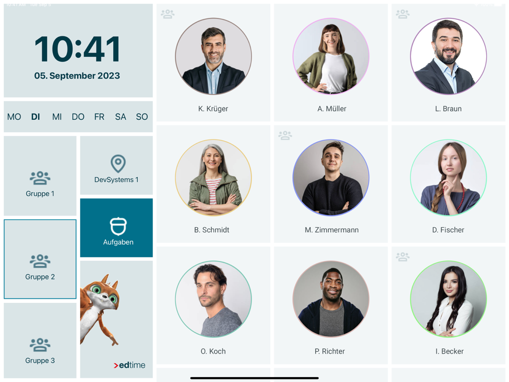 edtime Stempeluhr - Bildschirmauswahl des Mitarbeiterprofils in der edtime Stempeluhr iPad-App