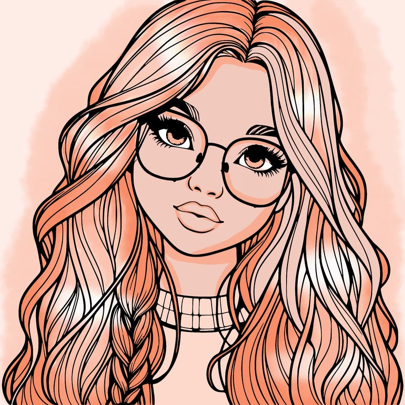 girl with long hair and freckles and glasses realistic