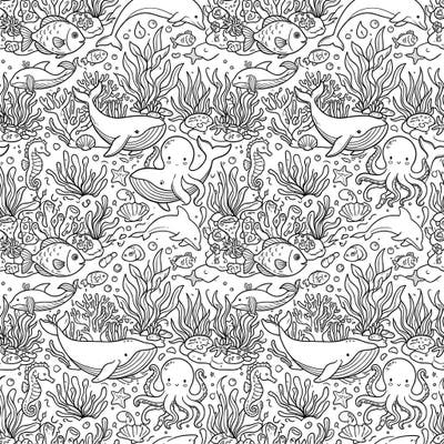 Immerse yourself in an enchanting underwater world with this captivating seamless pattern coloring page. Celebrate the vibrant energy of summer as you bring adorable ocean creatures and lush marine flora to life.