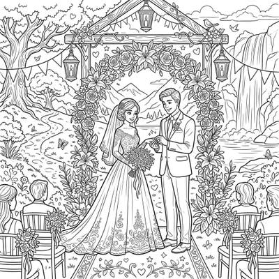 Embark on a romantic adventure with this exquisite coloring page featuring a wedding ceremony nestled within a pristine hidden valley. Celebrate the union of love amidst breathtaking natural beauty, complete with a beautiful couple and an ornate floral arch.