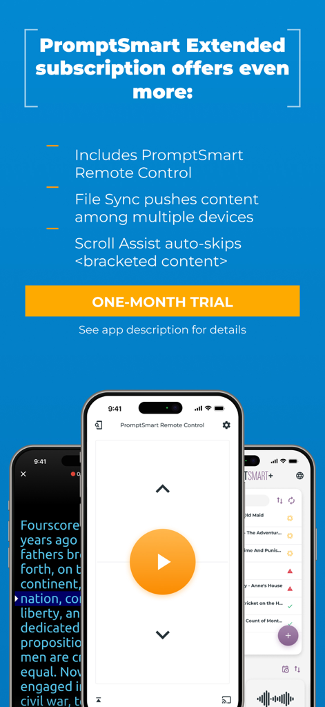 Mobile app screenshot highlighting PromptSmart Pro remote control and file sync features.
