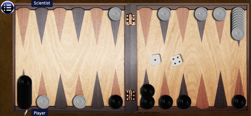 Board and card games - Digital backgammon board with black and white checkers and two dice