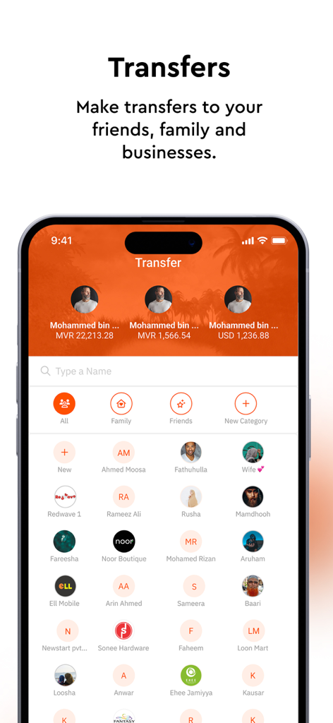 FaisaMobile by MIB - FaisaMobile app interface showing a list of contacts for making transfers to friends and family.