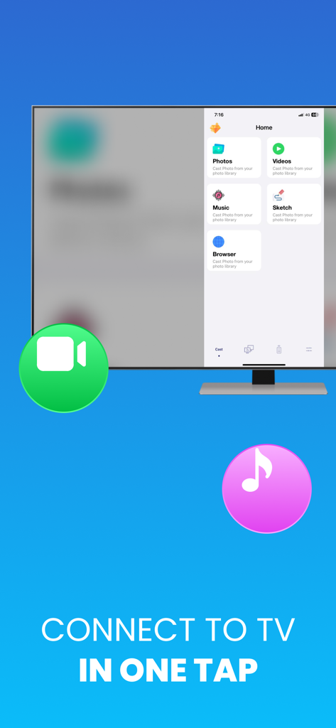Screen Mirroring : Miracast™ - Interfaz de la aplicación móvil duplicada en una gran pantalla de smart TV con texto de conectar a TV